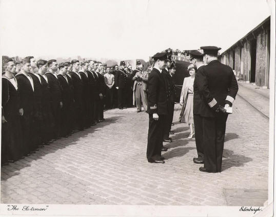 King and Queen inspect crew of HMS Sharpshooter following sinking of U655