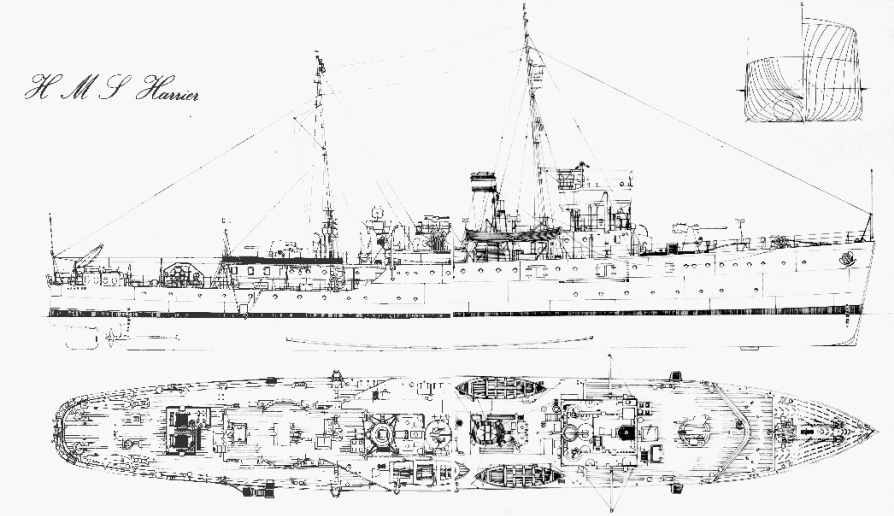 HMS Harrier-line drawing. John Lambert. Halcyon Class Minesweeper