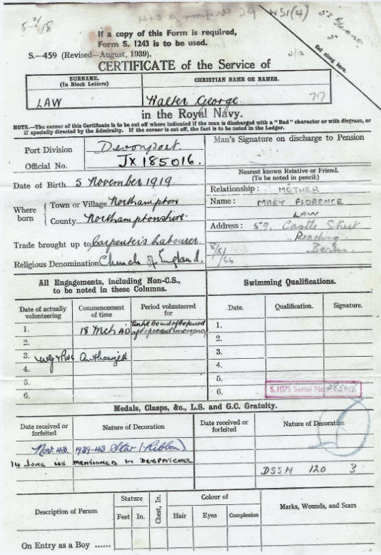 Certificate of Service Walter Law HMS Gleaner