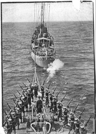 HMS Hebe Memorial service for Thetis seen from HMS Seagull